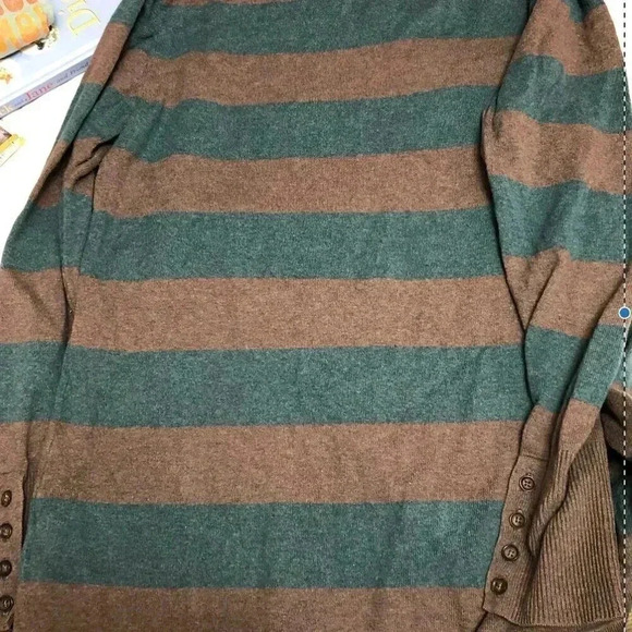 Lilla P Stripe Blue Gray/Brown Sweater button sleeves Size L - Picture 4 of 4